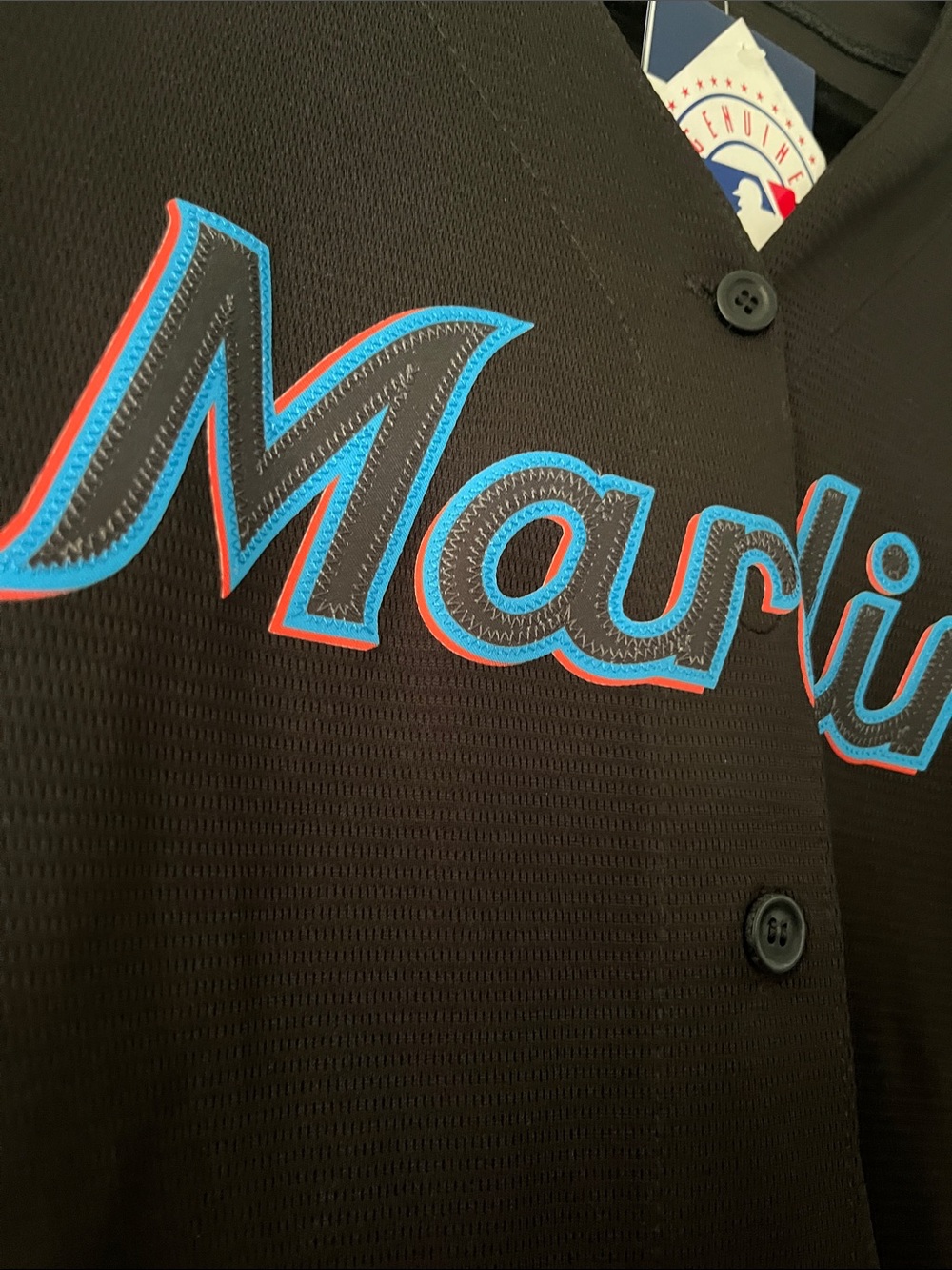 Majestic Marlins Black Blue Trim Women's Jersey - Picture 2 of 5